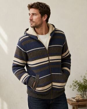 Eddie Bauer Mens S Lambswool Sherpa Lined Hooded Sweater Jacket Full Zip Striped